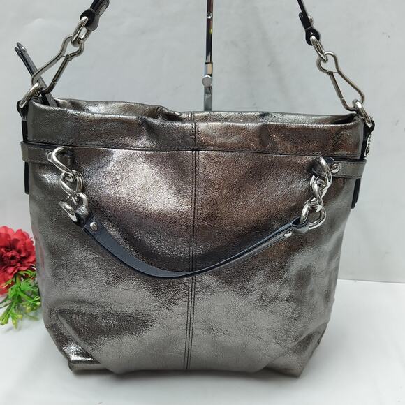 Coach Brooke Metallic Gray Leather Zipper Closure Hobo Shoulder Bag - Picture 2 of 16